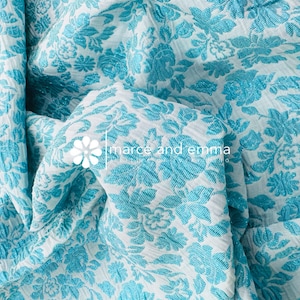 Aqua Brocade Fabric By The Yard Dressmaking Aqua Fabric Embossed Floral Metallic Pattern for Costume Decor Designer Dress Material Jacquard