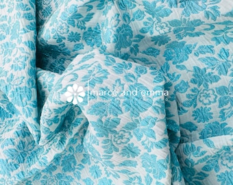 Aqua Brocade Fabric By The Yard Dressmaking Aqua Fabric Embossed Floral Metallic Pattern for Costume Decor Designer Dress Material Jacquard