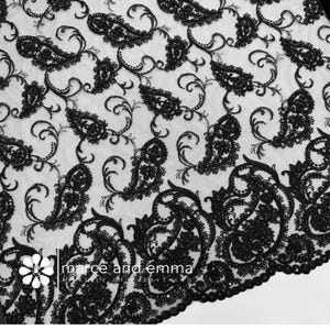 Black Embroidered Lace Fabric by Yard Paisley Sequin Bridesmaid Dress Fabric Beaded Tulle Bridal Lace Wedding Fabric Light Black Prom Dress