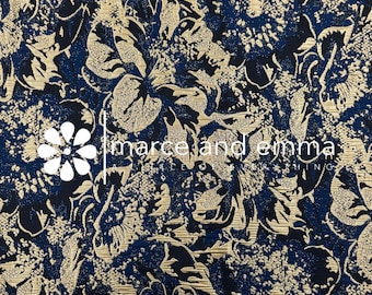 Navy Brocade Fabric Metallic Crinkle Jacquard for Dress Floral Pattern for Costume Sewing Sold by the Yard Couture Jacquard Designer Gown
