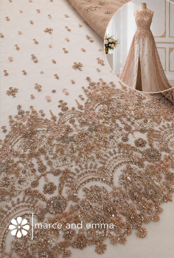rose gold beaded wedding dress Bridal Fabric Gown Material Designer Fashion Couture Sewing Supply Embroidered Tulle Mesh Sequin Textile Size:USA 14 (XXL)/46 in.(117 cm)Garment Chest sheer bodice * Fabric adjustable TERRI | content creator