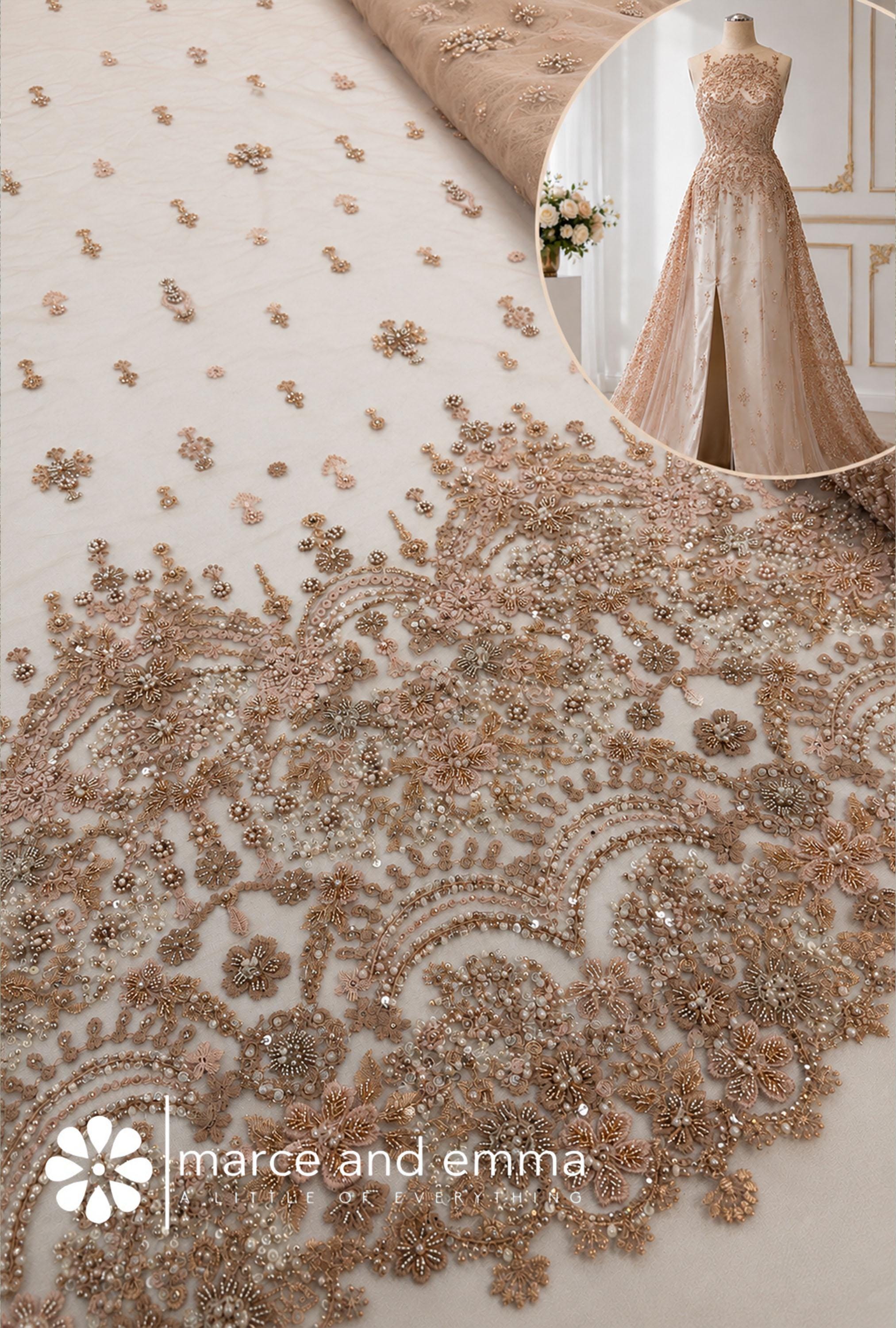 beaded material for wedding dresses Bridal Fabric burnout Seasalt Beach Glass Dress Color:Floral on Black with Green Piping NXE1535W