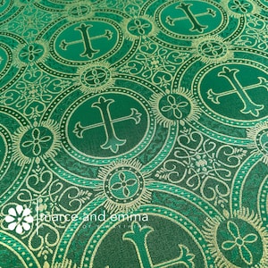 Green Brocade Fabric by the Yard Religious Brocade Fabric Catholic Green Jacquard Cross Design Priest Vestment Fabric Altar Home Decor Table
