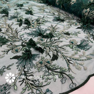 Hunter Green 3D Applique Beaded Lace Fabric by the Yard Floral Wedding Dress Fabric Net Base Embroidered for Dressmaking and Prom Dress Gown