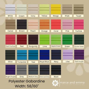 May include: A color chart of Polyester Gabardine fabric swatches in various colors, including white, cream, and black. The width of the fabric is 58/60 inches. The text "marce and emma" is also visible.
