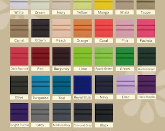 Pode incluir: Um gráfico de cores de amostras de tecido Gabardine de poliéster em várias cores, incluindo branco, creme e preto. A largura do tecido é de 147/152 cm. O texto "marce and emma" também é visível.