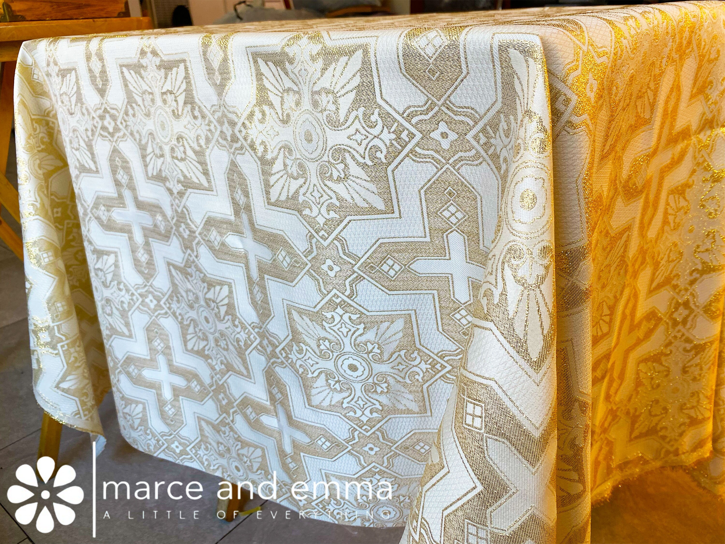 Greek Orthodox Liturgical Brocade Fabric – 150cm Wide, Floral Crown & Cross Pattern, Gold & Red, OEKO-TEX Certified