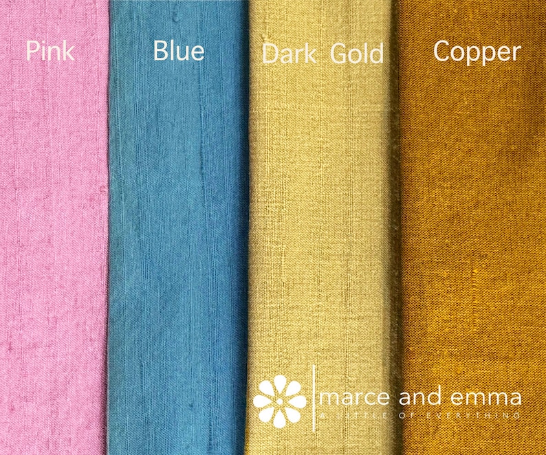 May include: Close-up of four fabric swatches in pink, blue, dark gold, and copper. Each swatch has a different color and texture. The word "Pink" is written above the pink swatch, "Blue" above the blue swatch, "Dark Gold" above the dark gold swatch, and "Copper" above the copper swatch. The brand name "marce and emma" is also visible.