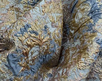 Blue Brocade Fabric Metallic Crinkle Jacquard for Dress Floral Pattern Fabric by the Yard for Sewing Blue Couture Jacquard Fabric for Gown