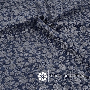 Navy Silver Brocade Fabric By The Yard Dressmaking Fabric Embossed Floral Metallic Pattern for Costume Decor Design Dress Material Jacquard
