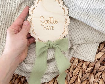 Wooden Baby Name Sign, Ribbon Bow Name Sign, Personalized Hospital Birth Announcement, Baby Shower Gift, Baby Photo Prop, Monthly Milestone