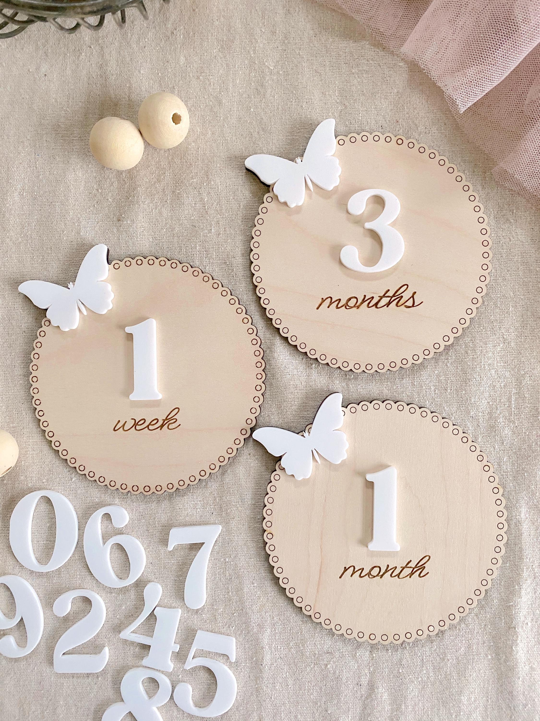 3D Monthly Milestone Discs for Baby Photos, Engraved Wood Monthly Milestone Markers, Baby Butterfly Milestone Cards, Personalized Baby Sign