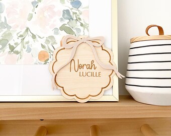 Wooden Baby Name Sign, Ribbon Bow Name Sign, Personalized Hospital Birth Announcement, Baby Shower Gift, Baby Photo Prop, Monthly Milestone