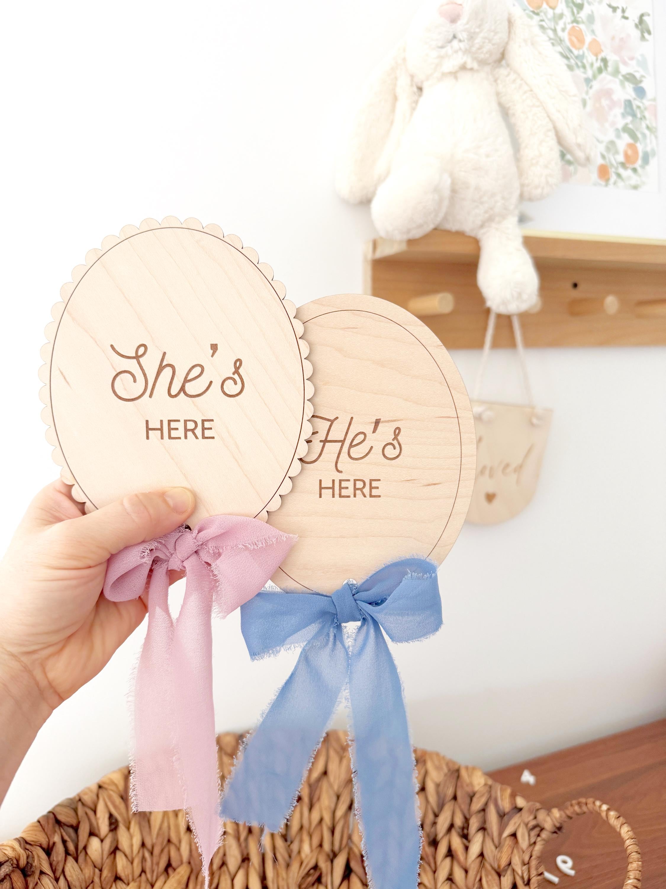 Wooden Lace She's Here Baby Birth Announcement, Gender Reveal, Hospital Sign, Ribbon Milestone Marker for girl, Nursery, Baby Shower Gift