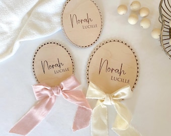 Wooden Baby Name Sign, Ribbon Bow Name Sign, Personalized Hospital Birth Announcement, Baby Shower Gift, Baby Photo Prop, Monthly Milestone