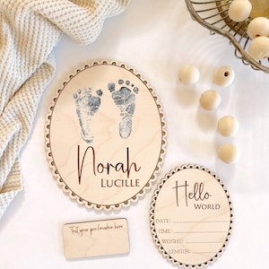 Wooden Baby Name Sign, Footprint Sign, Newborn Birth Announcement, Baby Shower Gift, Name Sign for Hospital, Baby Name Foot print board