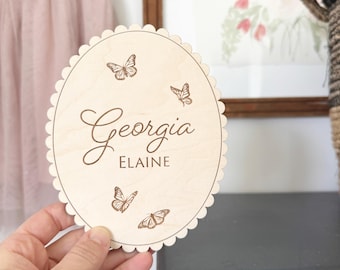 Birth Announcement Sign Butterfly Baby Announcement Hospital Sign Newborn Sign Hospital Name Sign Name Sign for Nursery Girl Scallop Name
