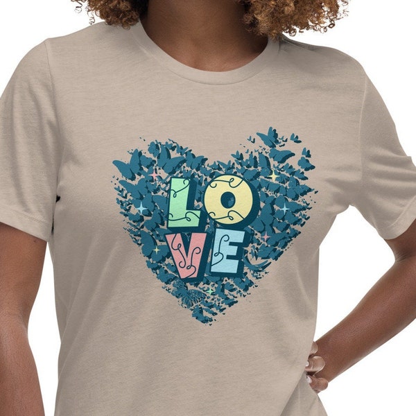 Sand Colored T-shirt Romantic Evening Wear Teal Butterfly Heart Love Word Tee Whimsical Design Comfortable Fashion Romantic Apparel