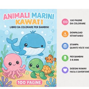 Animali Marini Kawaii Libro da Colorare per Bambini e Adulti Oltre 100 Pagine con Creature Dolci e Divertenti degli Oceani