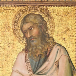 Può includere: Un dipinto di un uomo con una lunga barba e capelli lunghi, che indossa una veste bianca e tiene un libro rosso. Il dipinto è su uno sfondo dorato con un'aureola intorno alla testa dell'uomo.