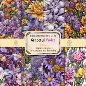 Ensemble de 8 motifs de fleurs d'art botanique (papier numérique) 9 - Violet gracieux