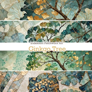 May include: A digital art print of a Ginkgo tree with green and gold leaves. The leaves are arranged in a patchwork pattern, creating a unique and abstract design. The title "Iridescent Patchwork Art" and "Ginkgo Tree" are displayed at the top of the image.