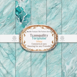 Puede incluir: Conjunto de cinco texturas de papel digital con un patrón de mármol turquesa y blanco. Los papeles son de 300 dpi y son perfectos para crear diseños digitales, scrapbooking y otras manualidades. El texto en la imagen dice "Marble Texture Tile Pattern Set 02 Transquility Torqouise 300dpi Commerical uses Amazing for any Printable".
