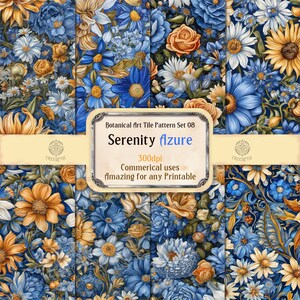 8 Patrón de flores de arte botánico (papel digital) Conjunto 8- Serenity Azure