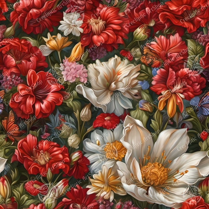 8 Botanical Art Flowers Pattern (digital Paper) Set 4- Elegant Crimson ...