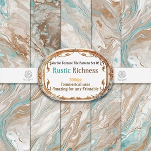 May include: Set of five digital paper patterns featuring a marble texture in shades of brown, beige, and teal. The text "Marble Texture Tile Pattern Set 03 Rustic Richness 300dpi Commerical uses amazing for any Printable" is displayed in a gold frame.