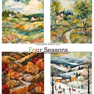 8 digitale papiersoorten / afbeeldingsontwerpen - Patchwork aquarel Art Four Seasons