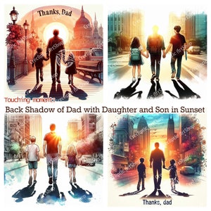 8 Clipart fête des pères / papa - moments émouvants, coucher de soleil, papa avec une fille et son fils