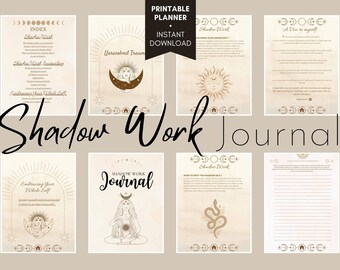 May include: A printable planner with a beige background and illustrations of moons, stars, and a snake. The text "Shadow Work Journal" is in large, brown letters at the top of the page. The planner includes sections for "Index", "Shadow Work", "Shadow Work Troubleshooting", "Embracing Your Whole Self", "Unresolved Trauma", "How to Spot the Shadow Self", "Creativity & Self Expression", and "A View to Myself".