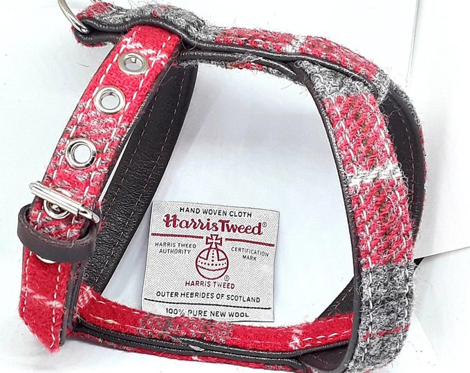 Genuine red & grey harris tweed on brown leather dog harness