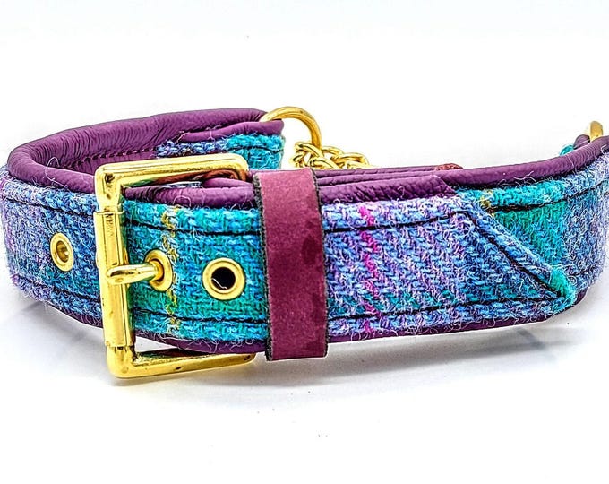 Turquoise, lilac and blue check harris tweed on purple leather martingale dog collar with solid brass hardware.