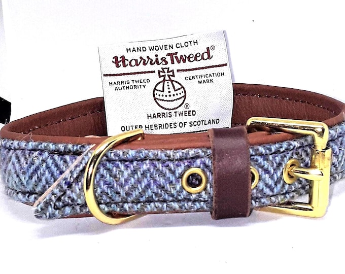 Genuine blue harris tweed and tan leather dog collar with solid brass hardware