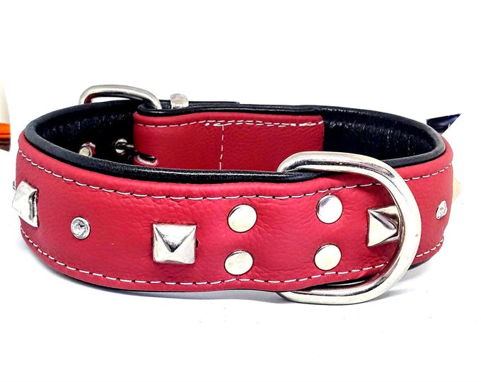 Red & black leather studded dog collar with diamantes and white stitching
