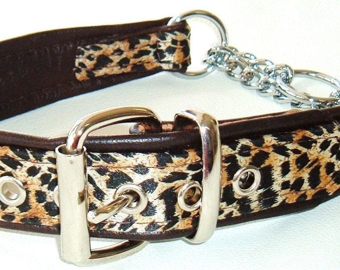 Leopard print satin fabric and brown leather martingale dog collar