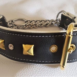 Black on white leather martingale dog collar with studs, diamantes and a solid brass buckle