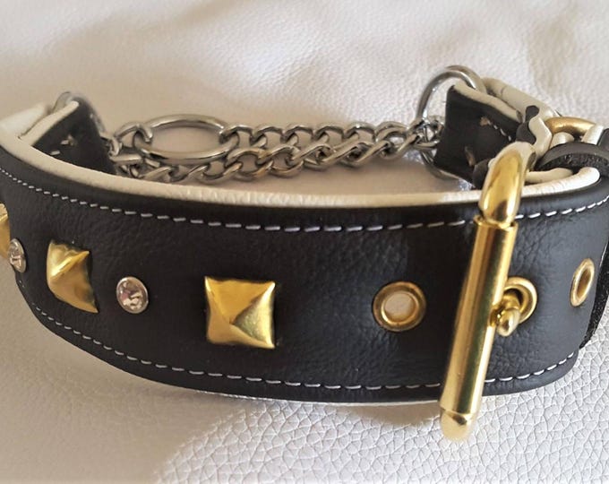 Black on white leather martingale dog collar with studs, diamantes and a solid brass buckle