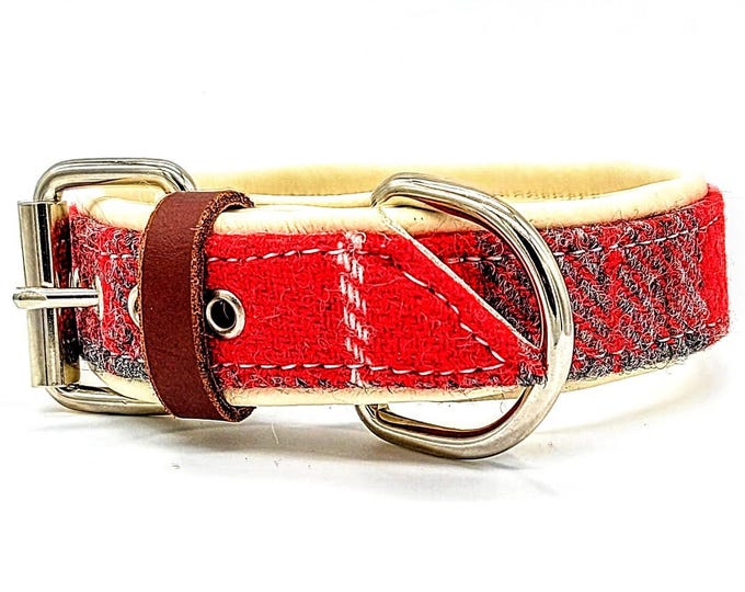 Genuine red and grey harris tweed on cream leather dog collar with nickel plated stainless steel hardware.