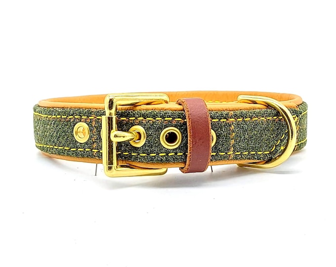 Green tweed on light Tan leather dog collar with Solid Brass Hardware.