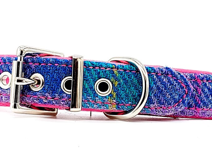 Blue, green and purple tweed on pink leather dog collar with Nickle plated steel hardware.