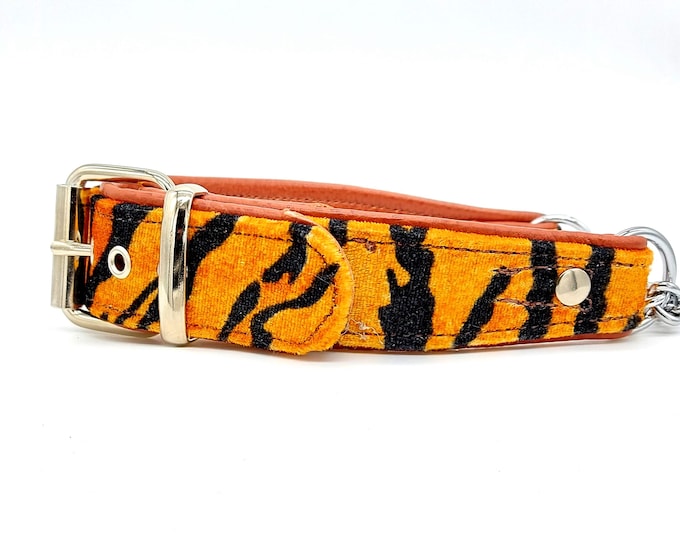 Orange tiger print fabric on Tan leather Martingale dog collar with Nickle plated steel hardware.