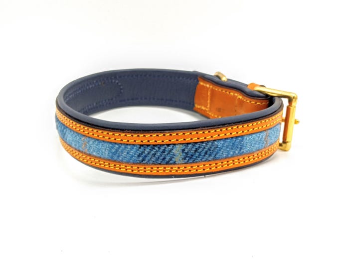Tan on charcoal blue leather dog collar with blue harris inlay and solid brass hardware.