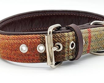 Orange and green tweed on brown leather dog collar with Nickle plated steel hardware.