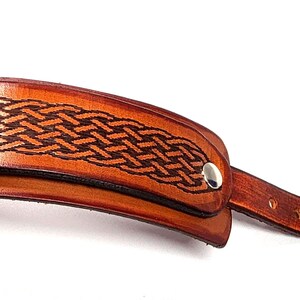 Hand crafted leather wrist cuff with celtic pattern engraving. image 3