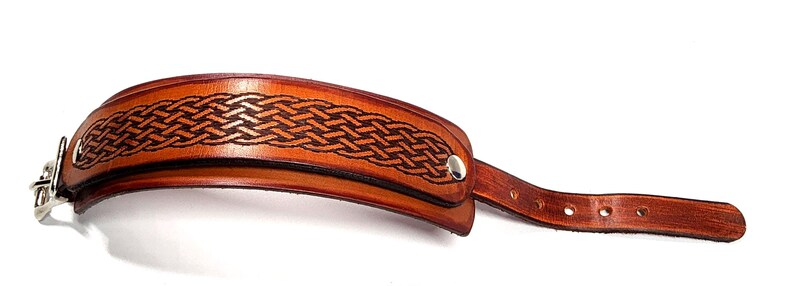 Hand crafted leather wrist cuff with celtic pattern engraving. image 3
