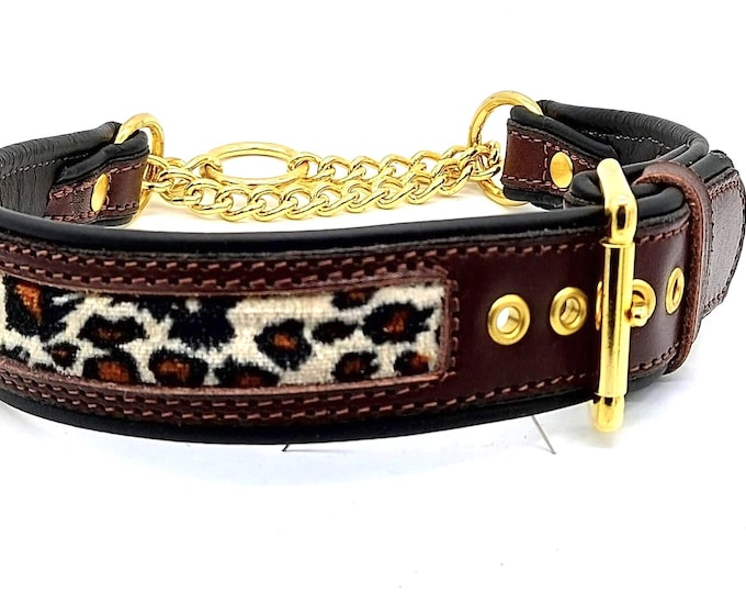 Chocolate brown on black leather martingale dog collar with leopard print inlay and solid brass hardware.