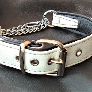 White on black leather martingale dog collar
